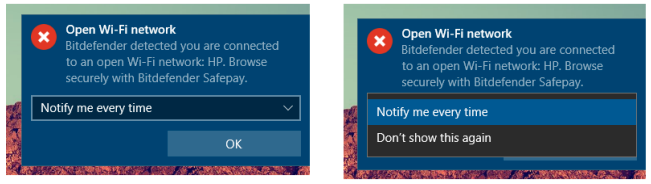 Notifications from Bitdefender open WiFi feature.
