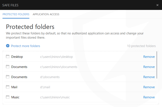 Safe Files feature on Bitdefender device software.